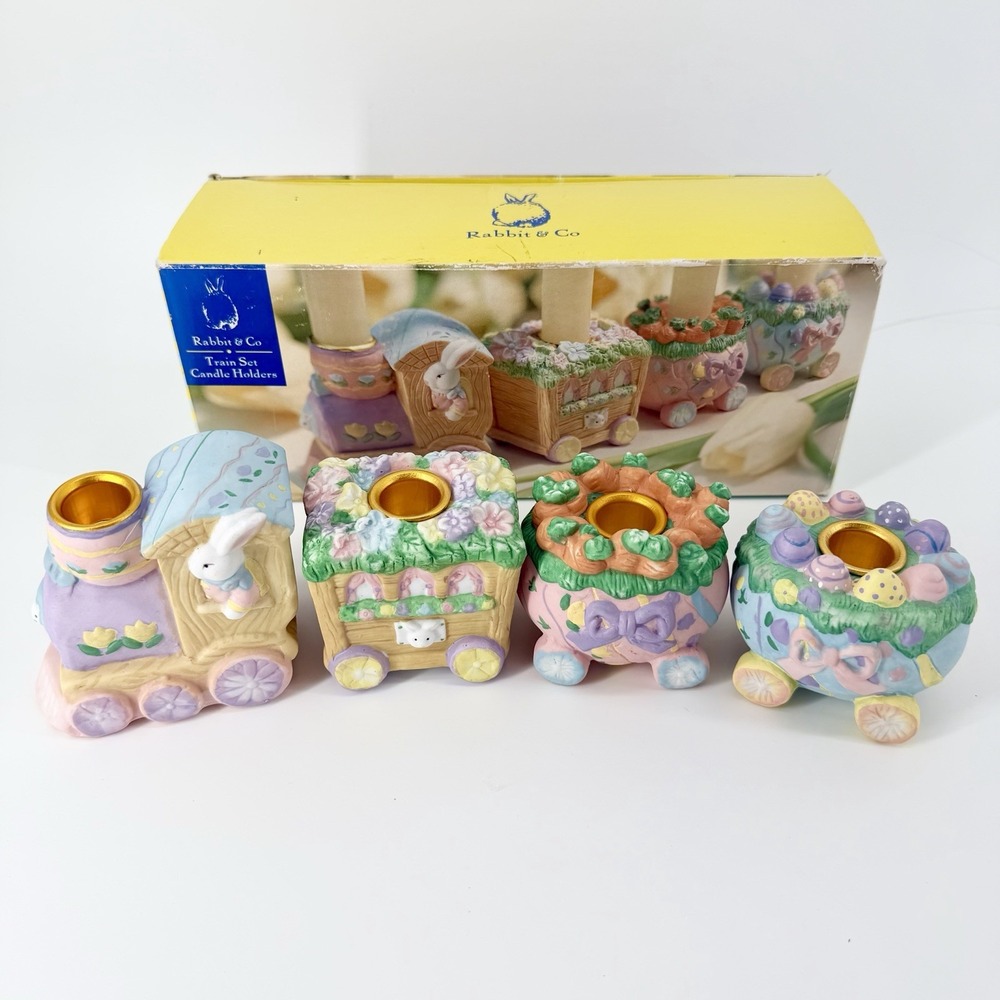 Vintage Rabbit & Co Ceramic Easter Train Candle Holder Set 4pc 1995 w/ Box